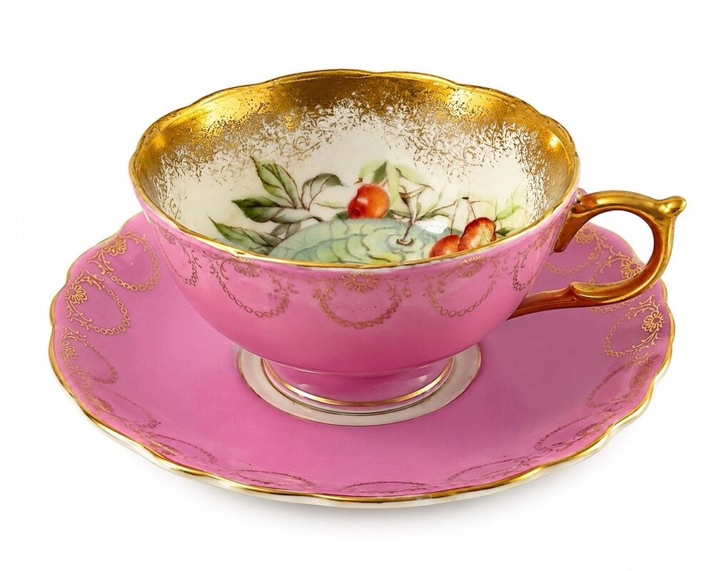 Royal Sealy Japan Pink Gold Gilt Fruit Teacup Saucer Set Vintage Porcelain